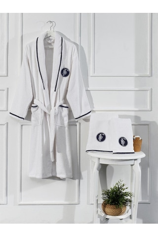 Finezza Elite %100Pamuk Kopanaki Dantelli Nakışlı Beyaz Bornoz Se Beyaz