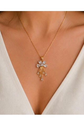 Çiçek Model Sarkıt Zirkon Taşlı Kolye Gold
