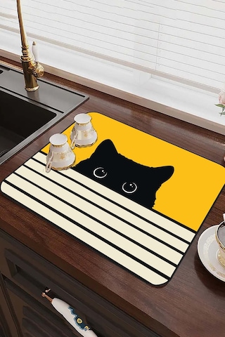 Sarı Kedi Temalı Microfiber Bulaşık Kurutma Matı Mm015