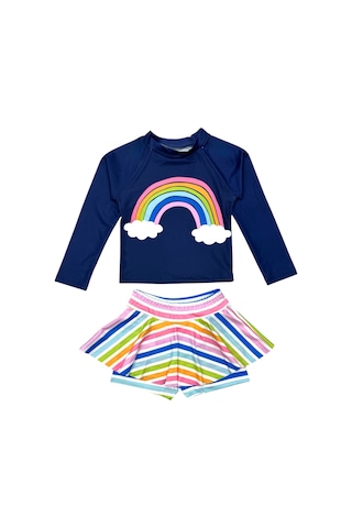 Lolliboomkids Kız Çocuk Çok Renkli Gökkuşağı Baskı Desen Uzun Kollu Tayt Etekli 2 Parça Mayo / Bikini Takımı Rainbow Çok Renkli