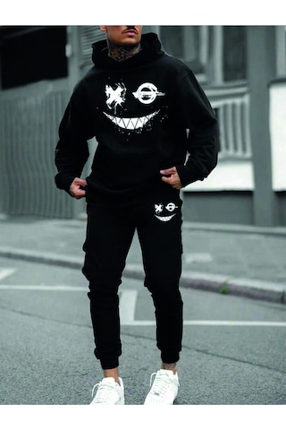 Hunors Sportswear & Company Siyah Erkek Oversize Basic Kapüşonlu Paçası Lastikli Beast Moda Baskılı Pamuklu Eşofman Takımı Simsiyahh