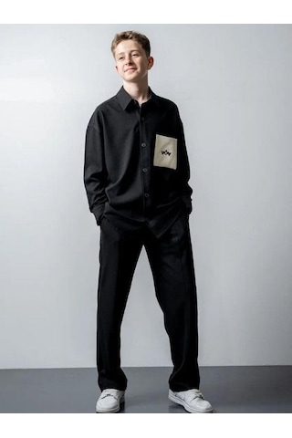Erkek Çocuk Oversize Uzun Kol Gömlek Pantolonlu Takım-15544 Siyah