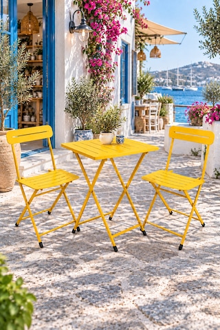 Katlanır Metal Balkon Bahçe Bistro Masa Sandalye Seti 2 Kişilik 1 Masa 2 Sandalye Sarı 1640