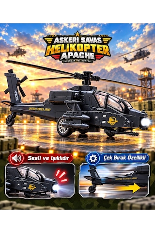 Oyuncak Helikopter Metal Sesli Işıklı Çek Bırak Askeri Savaş Apaçi Apache Helicopter Diecast Model 23 Cm