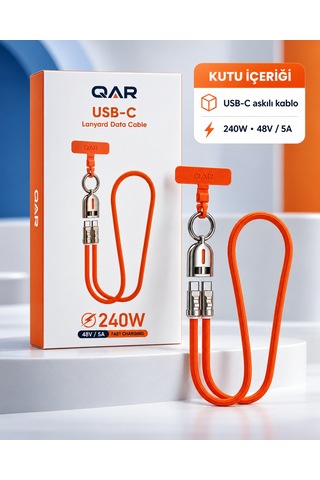 Qar Usb-c To Usb-c Askılı Şarj Ve Data Kablosu 240w 48v 5a Hızlı Şarj Örgülü Boyun Askılı Telefon Askı Aparatlı Turuncu