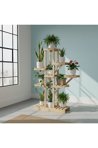 Ahşap Çok Katlı Çiçeklik Saksı Standı - 120 Cm Yükseklik 100 Cm Genişlik - Dekoratif Saksı Rafı Bej