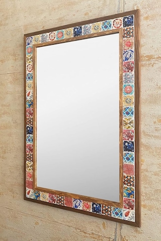 Oscar Stone Decor Ahşap Çerçeveli Mozaik Taş Mermer Ayna 63x93 Cm Seramik Eskitme Çini Desenli Genel
