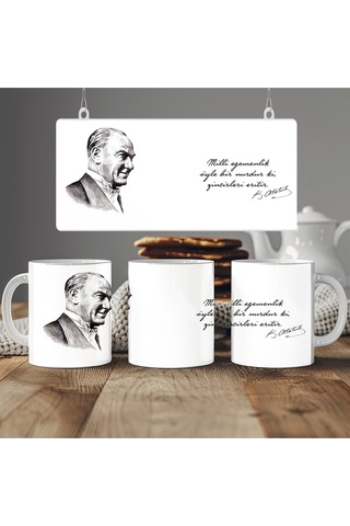 Atatürk Sözleri Ve Resmi Kupa Bardak - Mustafa Kemal İmzalı - '' Milli Egemenlik '' Beyaz