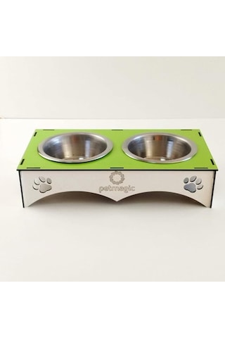 Petmagic 2'li Mama Kabı İkili Ahşap - Çelik Kap Yeşil Beyaz