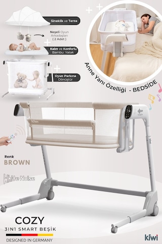 Kiwi Cozy Premium 3in1 Ağlamaya Duyarlı, Otomatik Sallanır, Anne Yanı Beşik, Park Yatak Ve Oyun Parkı