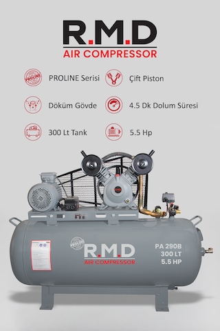R.m.d Kompresör Hava Kompresörü Pistonlu 300 Lt 2 Kafa 8 Bar 5.5 Hp I Paı290b