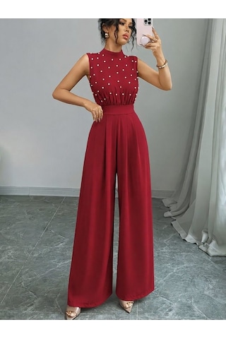 Veraura Lifestyle Kadın Balıkçı Yaka Kolsuz Incili Beli Kuşaklı Uzun Janjan Tulum Kırmızı