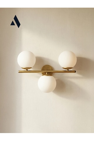 Trivon Üçlü Cam Aplik Beyaz & Bal Renk Seçenekli, Gold Metal Gövde Modern Duvar Aydınlatma Beyaz