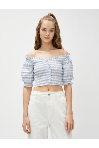 Koton Crop Bluz Omzu Açık Fırfırlı Balon Kollu Gipeli Mavi Ekose 3sal60156ıw 3SAL60156IW6C5