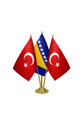Masa Üstü Bosna Hersek Bayrağı Türk Bayrağı Üçlü Pirinç Direk Mas