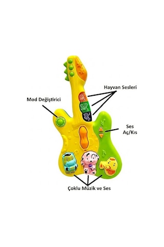 Renkli Mini Bebek Gitar Müzik Aksesuarı - 4 Modlu, Hayvan Ses Efektli Aydınlatmalı Öğretici Çocuk Aktivite Eğlencesi 6 Ay+