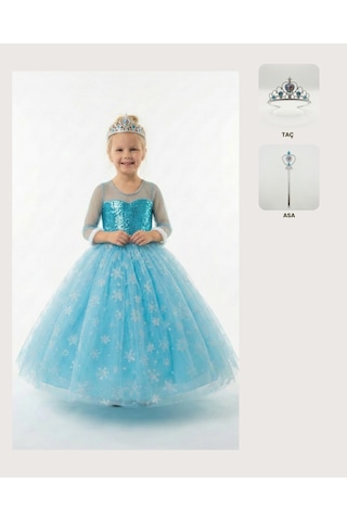 Butikhappykids Frozen Elsa Kostümü Uzun Kollu Kız Çocuk Prenses Elbisesi Taç+asa Hediyeli Mavi
