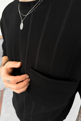 Siyah Şerit Detay Dokumalı Oversize Tişört Siyah