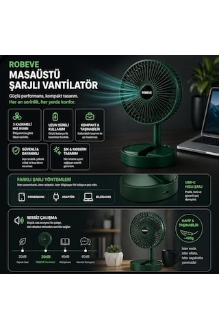 Masaüstü Şarjlı Vantilatör Katlanabilir Taşınabilir Fan 3 Kademeli Hız, Usb Şarjlı, Uzun Pil Ömrü, Sessiz Çalışma, Ofis Ev Seyahat İçin Mini Fan - Taşınabilir Vantilatör .