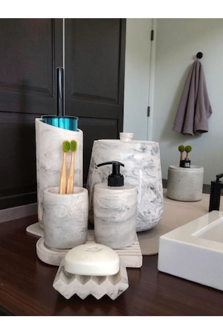 Mermer Serisi Beton Banyo Seti,çöp Kovasi,tuvalet Fırçası Takimı,tepsi,sıvı Ve Katı Sabunluk, Gri