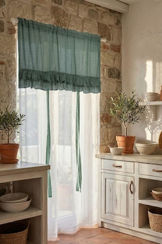 Country Style Potlu Perde Çift Fırfırlı Kaktüs Yeşili