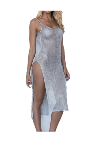 Cbtx Perspektif Örgü Gazlı Bez Askılı Elbise Mayo Örtüsü Gri