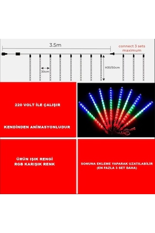 Meteor Süsleme Ledi 3,5 Mt 8 Çubuk Renk Rgb Çok Renkli