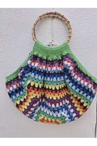 Artepieza 34x36 Çok Renkli Koton İplik Astarlı Bambu Saplı Çanta-koton El Örgüsü Astarlı Çanta-bambu Saplı Çok Renkli Koton El Örgüsü Çanta Granny Square Astarlı Yazlık Çok Renkli
