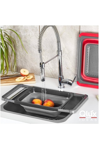 Silikon Büyük Boy Akordiyon Katlanabilir Lavabo Süzgeci - Evye Üstüne Asılabilen Kollu Süzgeç 5,5lt Gri - Siyah