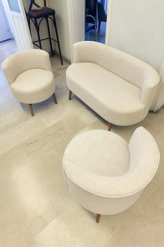 Azra Mobilya Sydney Çay Seti Koltuk Takımı Keten Kumaş 2+1+1 Ceviz Ayak Modern Salon & Ofis Takımı Krem Krem