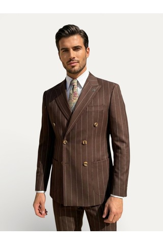 Hermose Sartorial Kahverengi Çizgili Kruvaze Takım Elbise