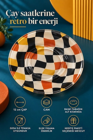 6 Lı Cam Çay Tabağı Retro Siyah Dama Desenli 12 Cm, 6 Adet Çay Tabak Çok Renkli