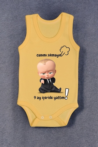 Bebetospik %100 Pamuk 9 Ay İçeride Yattım Baskılı Zıbın & Body Sarı