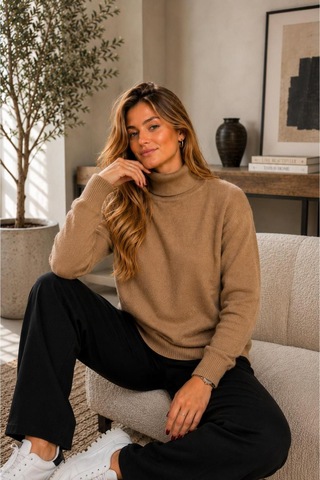 Hira Life Fashion Sfg Life Moda Kadın Balıkçı Yaka Tüylü Şardonlu Oversize Kazak Vizon Vizon