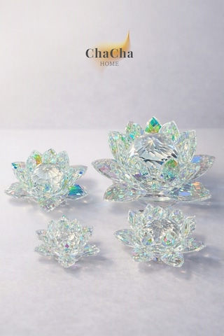 Chacha Home Kristal Nilüfer Çiçeği Obje & Mumluk - Lüks Cam Lotus Sehpa Ve Konsol Dekoru 15 Cm / 10 Cm / 8 Cm / 6 Cm 4'lü Set Büyük-orta-küçük-mini