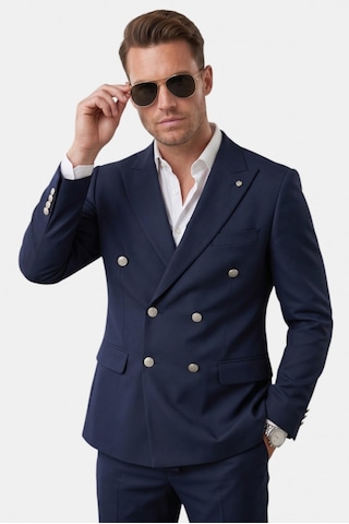 Deep Sea Deepsea Erkek Lacivert Slim Fit Kruvaze Takım Elbise Likralı Çizgili Dokulu Metal Düğmeli 2600820