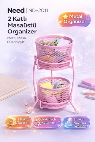 Need Nd-2011 Çok Amaçlı İki Katlı Masaüstü Organizer Metal Masa Düzenleyici Pembe