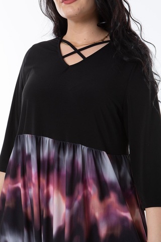 Kadın Büyük Beden Siyah Yaka Biyeli Eteği Desenli Elbise 65n38234-siyah Siyah