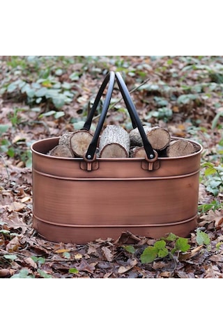 Bakır Çift Boru Kulplu Oval Odun Kovası