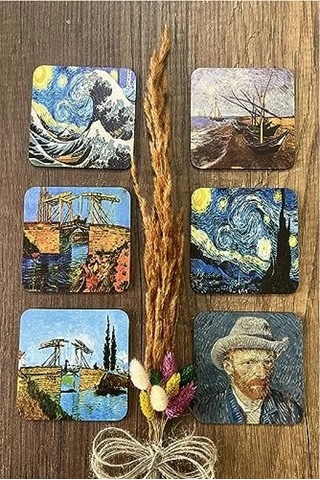 Van Gogh Temalı Ahşap Bardak Altlığı, 6'lı Set 9x9cm 1
