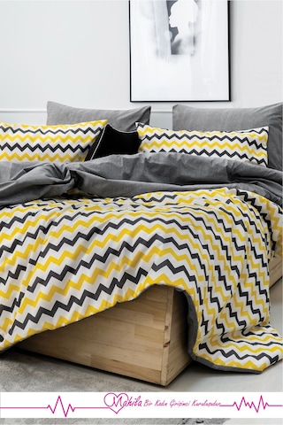 Battal Boy Lüks Pamuklu Nevresim Seti Sarı Zikzak Desen Çok Renkli