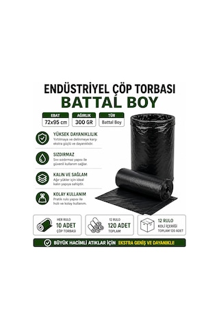 Endüstriyel Battal Boy Çöp Torbası Seti 72x95 Cm Siyah - Koli Içi 120 Adet 12 Rulo X 10 Adet