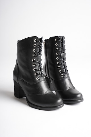 Analin Shoes Kadın Hakiki Deri Bağcıklı Kalın Topuklu Şık Bot Siyah
