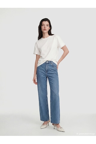 Lcw Comfort Beyaz Taşlı Soft Touch %100 Pamuklu Kadın Tişört