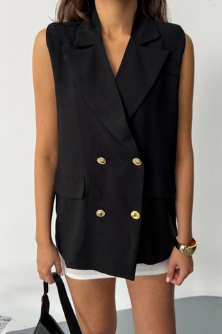 Gold Düğmeli Keten Yelek - Siyah Siyah