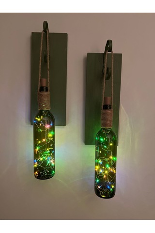 Ahşap  Retro Yeşil Şarap şişesi Duvar Aplik 2'li Set Yeşil