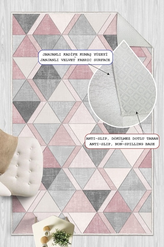 Geometrik Desen Dijital Baskılı Dekoratif Kaymaz Taban Yıkanabilir Halı Salon Oturma Odası Halısı Yolluk Pembe