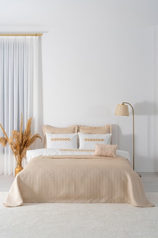 Parla Cappuccino Nakışlı Çift Kişilik Nevresimli Pike Seti - 8 Parça Çeyiz Seti Cappuccino