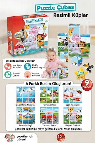 Eğitici Resimli Küpler 9 Parça Bebek Puzzle 6 Farklı Görsel 1 Yaş Ve Üzeri Zeka Geliştirici