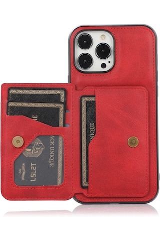Iphone 13 Pro Max Uyumlu Kart Bölmeli Cüzdanlı Deri Kılıf Kırmızı